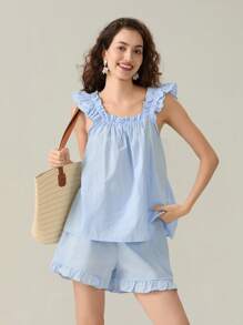 Women Summer 2Pcs Clothes Sets Sleeveless Backless Sling Vest + Solid Color Ruffle Fly Trim Shorts Outfit Loungewear - Blue - View 8