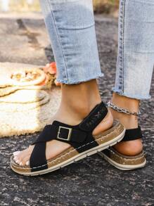 女士柔软雪花底交叉单带魔术贴套脚休闲运动平底凉鞋，春夏穿搭 - 黑色 - 查看 7