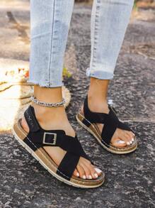 女士柔软雪花底交叉单带魔术贴套脚休闲运动平底凉鞋，春夏穿搭 - 黑色 - 查看 4