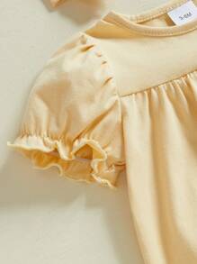 Baby Girl Summer Outfits Short Puff Sleeve Round Neck Solid Color Romper With Headband Set Newborn Clothes - Yellow - View 5