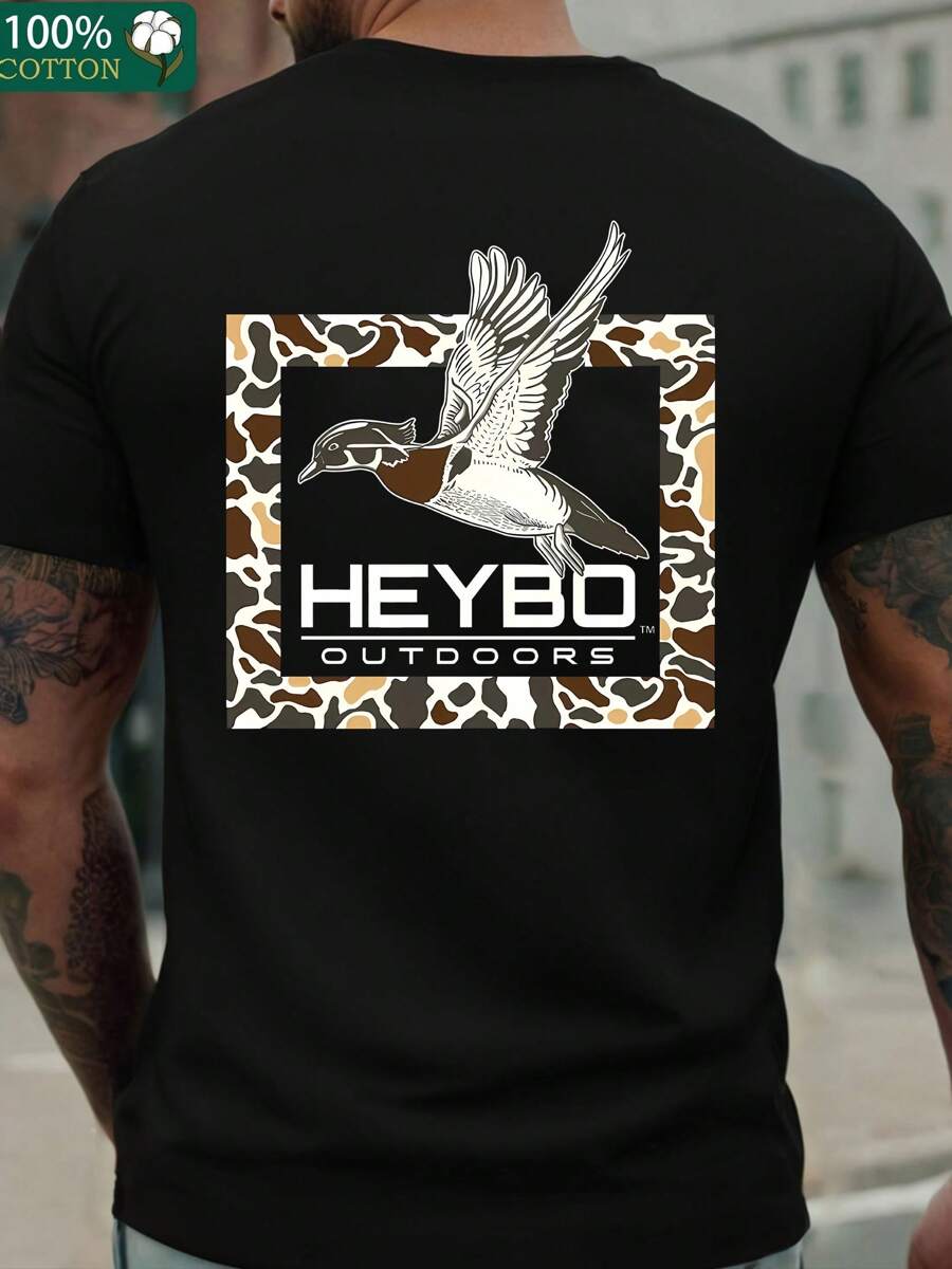 (220g Pure Cotton T-Shirt) Men's Summer Round Neck Short Sleeved Casual Pure Cotton Print He Is Hunting