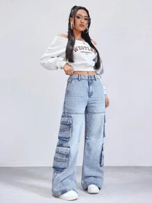 Damskie luźne jeansy cargo z kieszeniami 079