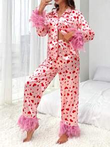 Satin Heart Print Pajama Set Women Long Sleeve Feather Tim Love Pjs Set Button Shirt Top Pants Set Loungewear - 粉色 - 查看 5