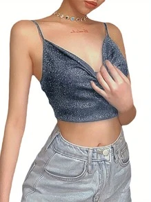 Women Summer Crop Top, Black Shiny Spaghetti Straps Low Cut V-Neck Form-Fitting Tank Top For Girls - 藏青色 - 查看 4