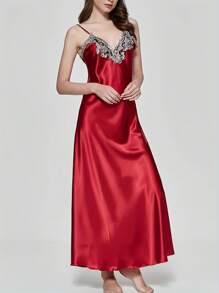 Women Satin Long Nightgowns Silk Lace Sexy Lingerie Sleeveless Deep V Nightdress Sleepwear - Red - View 2