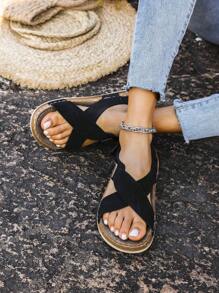 女士柔软雪花底交叉单带魔术贴套脚休闲运动平底凉鞋，春夏穿搭 - 黑色 - 查看 5