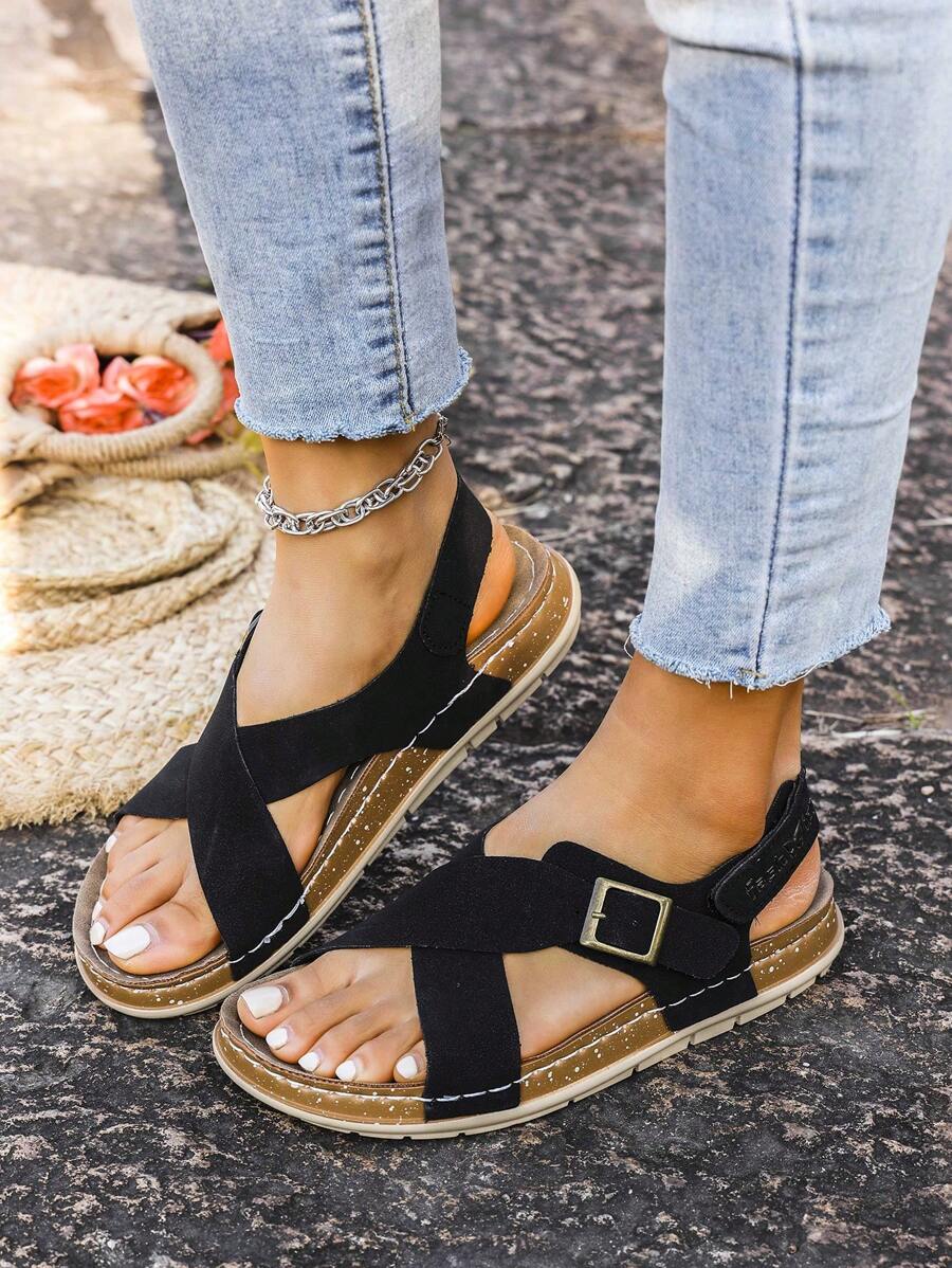 女士柔软雪花底交叉单带魔术贴套脚休闲运动平底凉鞋，春夏穿搭