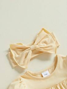 Baby Girl Summer Outfits Short Puff Sleeve Round Neck Solid Color Romper With Headband Set Newborn Clothes - Yellow - View 7