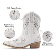 Pasuot Casual Party Cowgirl Boots – Women's Mid-Calf Western Boots With Embroidered Details, Rhinestones, A Square Toe, And A Chunky Low Heel. Designed For Comfort And Ease With A Pull-On Style, These Boots Are Ideal For Adding Style To Any Casual Or Party Outfit. - 白色 - 查看 6