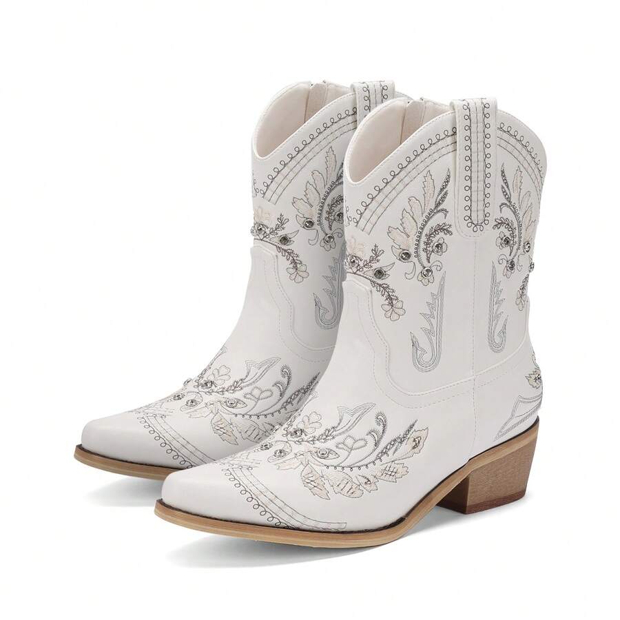 Pasuot Casual Party Cowgirl Boots – Women's Mid-Calf Western Boots With Embroidered Details, Rhinestones, A Square Toe, And A Chunky Low Heel. Designed For Comfort And Ease With A Pull-On Style, These Boots Are Ideal For Adding Style To Any Casual Or Party Outfit. - 白色 - 查看 1