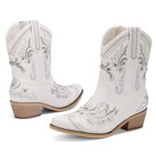 Pasuot Casual Party Cowgirl Boots – Women's Mid-Calf Western Boots With Embroidered Details, Rhinestones, A Square Toe, And A Chunky Low Heel. Designed For Comfort And Ease With A Pull-On Style, These Boots Are Ideal For Adding Style To Any Casual Or Party Outfit. - 白色 - 查看 5