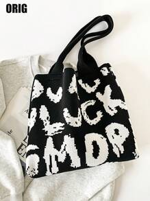 Borsa shopper di grande capacità con stampa a lettere, borsa a tracolla semplice monocromatica, borsa casual da donna, borsa a spalla, borsa perfetta per lo shopping casual, l'ufficio e il lavoro - Multicolore - Visualizzare 10