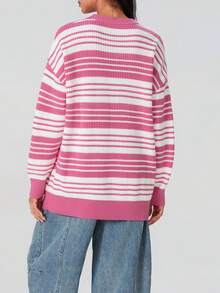 Suéter de rayas de gran tamaño para mujer, cuello redondo, manga larga, jersey de punto, ropa de calle informal para invierno y otoño - Rosa - Ver 2