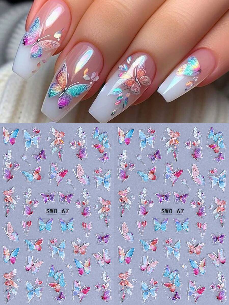 2pcs 5D Embossed Aurora Shell Butterfly Nail Art Stickers, Colorful Spring Nail Design DIY Carved Self-Adhesive Decorative Nail Art Accessories Nails Nail Supplies - Multicolor - View 1