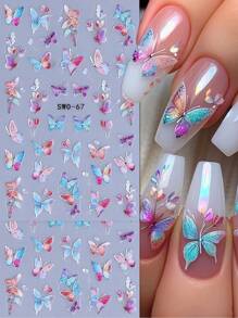 2pcs 5D Embossed Aurora Shell Butterfly Nail Art Stickers, Colorful Spring Nail Design DIY Carved Self-Adhesive Decorative Nail Art Accessories Nails Nail Supplies - Multicolor - View 2