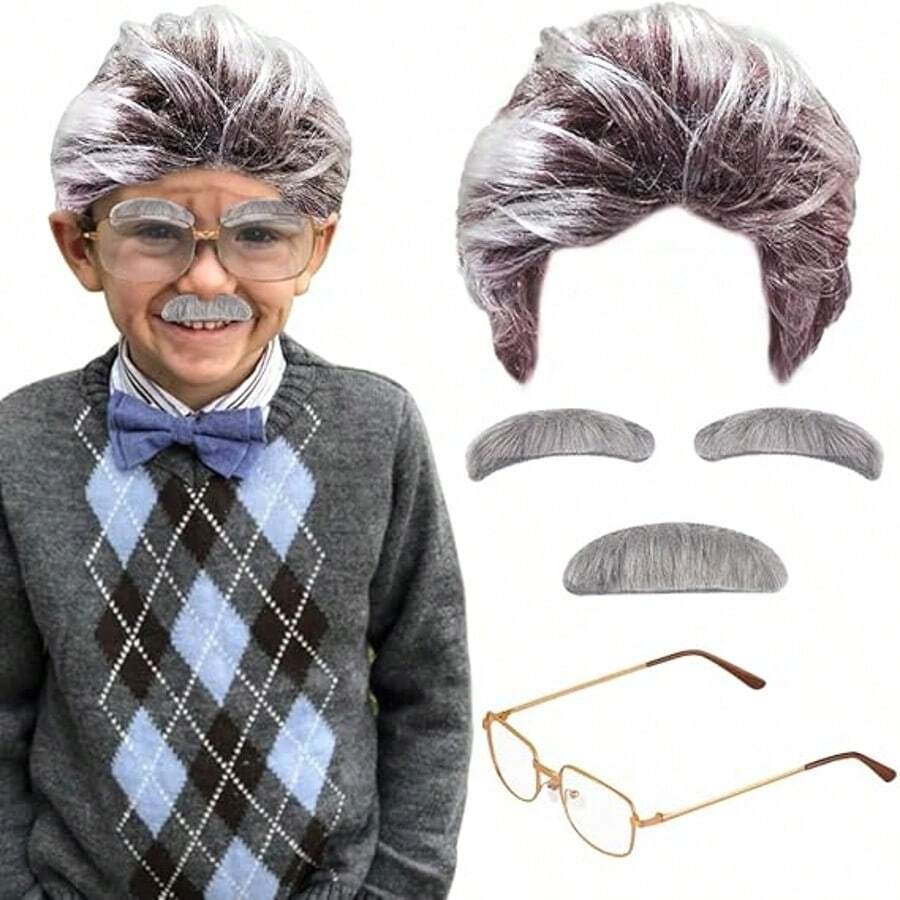 Old Man Costume, Funny Halloween Costumes Set Old Person Grandpa Cosplay Party Dress Up With Gray Wig Moustache Eyebrows Glasses For 100th Day Of School Carnival Masquerade Theme (Male) - Multicolor - View 1