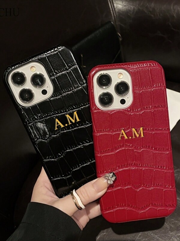 Personalized Initials Customized Golden Name Letter Luxury Faux Leather Hard Phone Case Compatible With IPhone 16 15 14 Pro Max 13 12 11 Pro Max 15 16 Plus Custom Shockproof Protective Back Cover