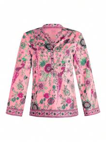 Women Casual Blouse, Long Sleeve Floral Printed Loose V-Neck Tops, Loose Wild Fashion Spring/Fall Top Shirt - 紅色 - 查看 3
