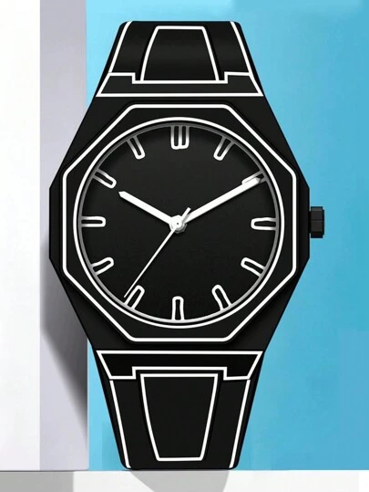 PINTIME 1 件男士石英表，八角形表盘硅胶表带，防水夜光时尚商务日历腕表，适合所有场合，适合任何男士