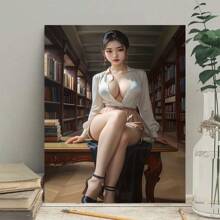 1 Pc Elegant Women In Button-Down Shirts And Skirts Sit In The Library Decorated With Canvas Hanging Pictures Wooden Framed Canvas Painting Thickness 2.25cm/0.9inch High Quality Wall Art Prints Poster Direct Hanging Wall Picture Decor For Home Gifts, Gift, Decoration,Living Room, Bathroom, Bedroom, Kitchen - 彩色 - 查看 5