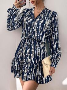 Mujeres primavera y otoño de pie cuello burbuja manga cintura cinched estampado volante doblado vestido,Vestido elegante con botones,vestidos de dama - Azul - Ver 2