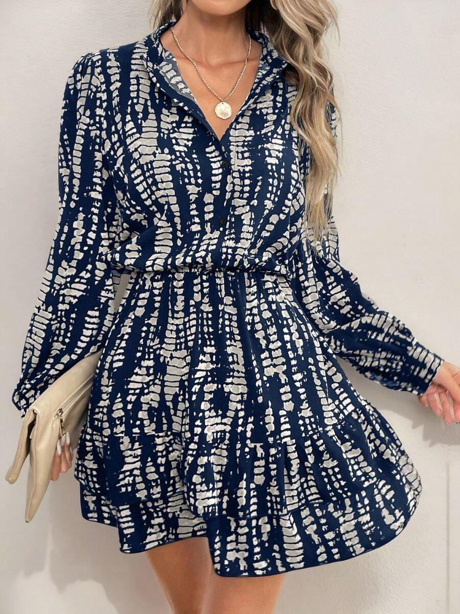 Mujeres primavera y otoño de pie cuello burbuja manga cintura cinched estampado volante doblado vestido,Vestido elegante con botones,vestidos de dama - Azul - Ver 1