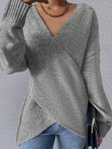 Suéter de punto con diseño de cruz de unicolor de moda casual para mujer en otoño e invierno - Gris - Ver 1