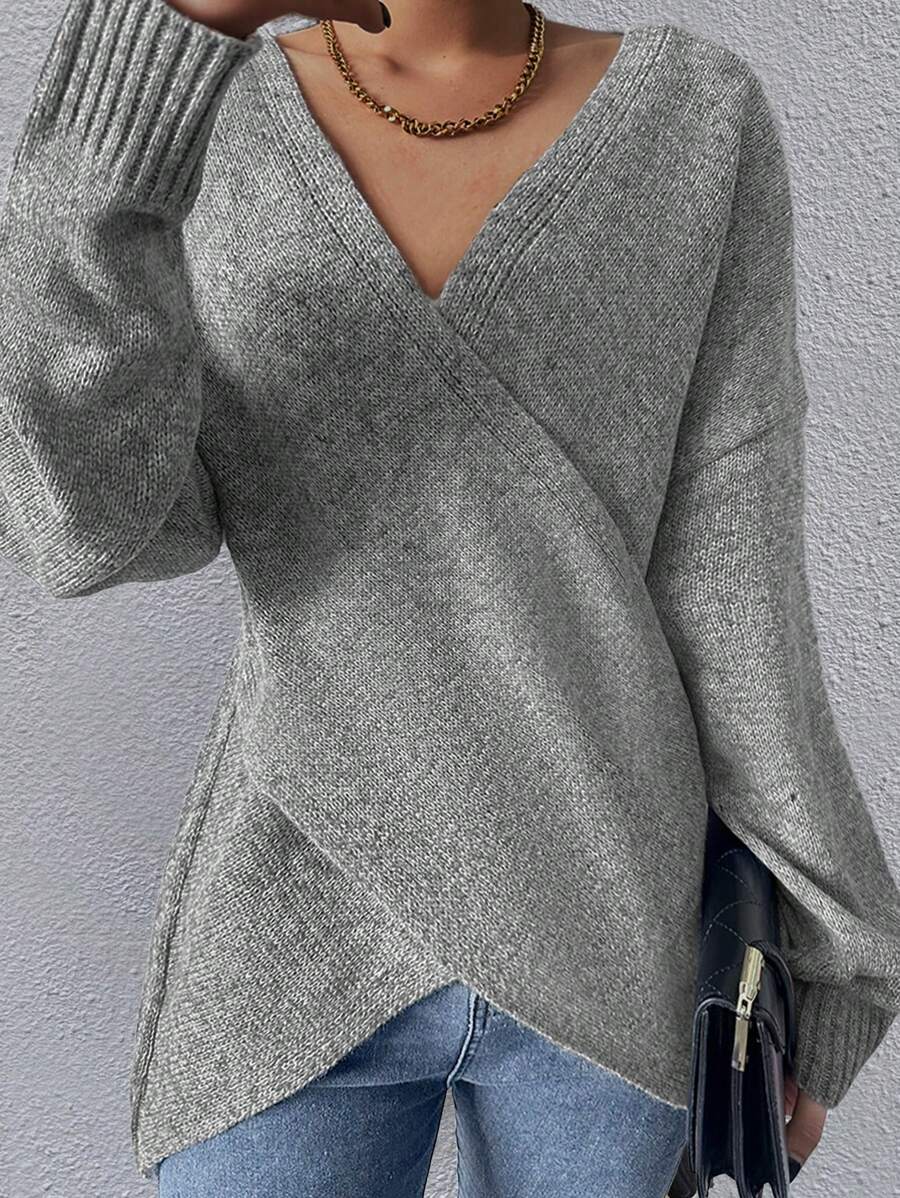 Suéter de punto con diseño de cruz de unicolor de moda casual para mujer en otoño e invierno - Gris - Ver 1