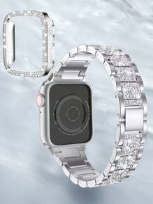 1pc/ Sets Of AppleWatch Band+Apple WatchCase Women's Sparkling Rhinestone Metal Strap+Sparkling Rhinestone Protective Case,Apple WatchStrap+Apple WatchCase Compatible With Apple Watch Ultra/10/9/8/7/6/5/4/3/Se, Suitable For49mm/46mm/45mm/44mm/42(Series10)/42mm/41mm/40mm/38mm Dual Row Sparkling Rhinestone Protective Cover Fashion Strap