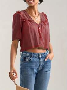 Women Short Sleeve Shirts Lace Ruffles Buttons Blouses Summer Loose Casual Tops - 紅色 - 查看 4
