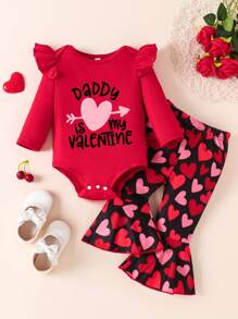 Baby Girls Elegant Cute Heart & Letter Print Cap Sleeve Bodysuitper And Digital Print Flared Pants Set, For Spring & Autumn - Red - View 1