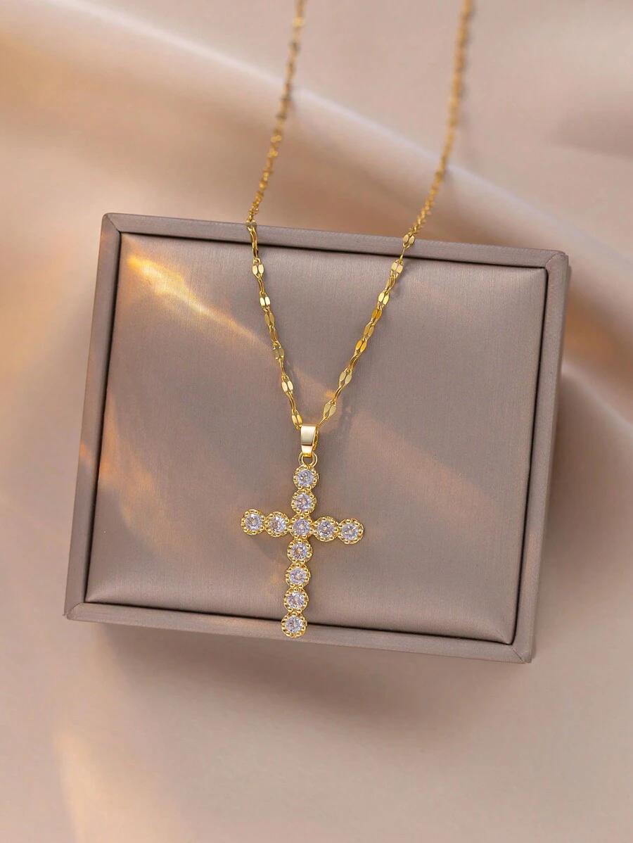 1pc Stainless Steel Cross Pendant Necklace For Women, Simple Religious Style, Retro & Fashion, Suitable For Ramadan, Festivals, Daily, Commuting, Streetwear, Parties, Gift-Giving (OPP Bag & Box For Photography Use Only)