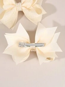 2pcs Cream Colored Bow Hair Clips, Suitable For Girls, Multi-Layer Solid Bow Hair Clips With Tails, Faux Pearl And Lace Decor Hair Clips, Alligator Clips, Party/Wedding Hair Accessories, Gift For Girls (Beige) - Multicolor - View 4