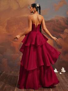 VIPGIRL Elegant Burgundy Strapless Bow-Tiered High Slit Gown, Floor-Length Formal Evening Dress, Women's Prom Dress, Chic Cocktail Party Dress, Glamorous Banquet Gown, Women Formal & Evening Dresses, Wedding Guest Dress - Đỏ - Xem 2