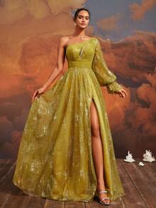 VIPGIRL Vestido de noche largo asimétrico para mujer con mangas de linterna y tejido de malla liso de VIPGIRL