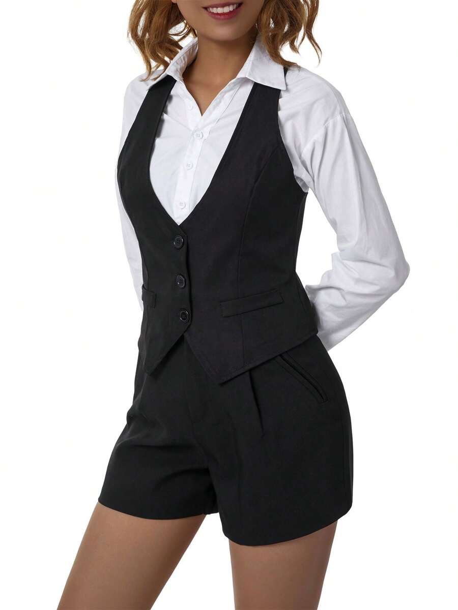 Women Waistcoat Vests, Vintage Sleeveless V Neck Button Down Dressy Suit Blazer Vest Suitable For Spring And Summer Outings - 黑色 - 查看 1