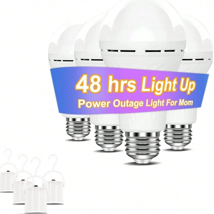 4 PCS A19 Rechargeable Emergency Light Bulbs 4PACK, Home Power Outage Camping Hurricane Battery Powered LED Light Bulb 5000K Daylight E26/E27 12W Equivalent - White - View 1