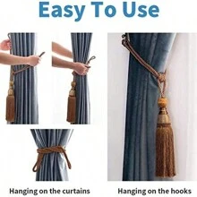 Handmade Curtain Clips Rope Tiebacks Fringe European Buckles Tassels Ball Rope/2pcs (Blue) - Xám - Xem 4