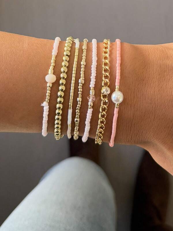 7pcs Delicate Pink & Gold Beaded Chain Multi-Layer Adjustable Stacking Bracelets Set, Jewelry Gifts For Friends, Suitable For Daily Wear, Party