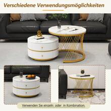 Élégant ensemble de tables basses blanches en forme de nid, 2 pièces, 60*60*46 cm et 50*50*30,8 cm, tables rondes aspect marbre brillant, 2 tiroirs