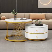 Élégant ensemble de tables basses blanches en forme de nid, 2 pièces, 60*60*46 cm et 50*50*30,8 cm, tables rondes aspect marbre brillant, 2 tiroirs