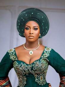 欧美复古英式毛毡头带帽，女士教堂德比帽，饰有花朵，柔软贝雷帽，优雅串珠非洲汽车凝胶头带，手工分层闪亮面料头带，波西米亚风格传统婚礼和派对特殊场合头饰，睡帽 - 尼日利亞頭巾帽 - 查看 9