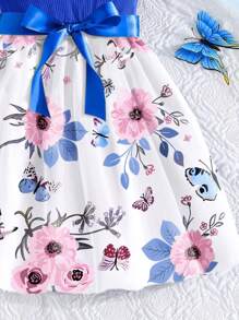 Young Girl Summer New Floral & Butterfly Print Cute Casual Dress With Cap Sleeves - Blue - View 5