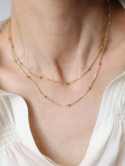 1pc Minimalist Stainless Steel Beaded Snake Chain Necklace, Women Jewelry, Holiday Gift