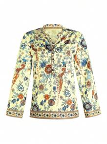 Women Casual Blouse, Long Sleeve Floral Printed Loose V-Neck Tops, Loose Wild Fashion Spring/Fall Top Shirt - Màu vàng - Xem 4