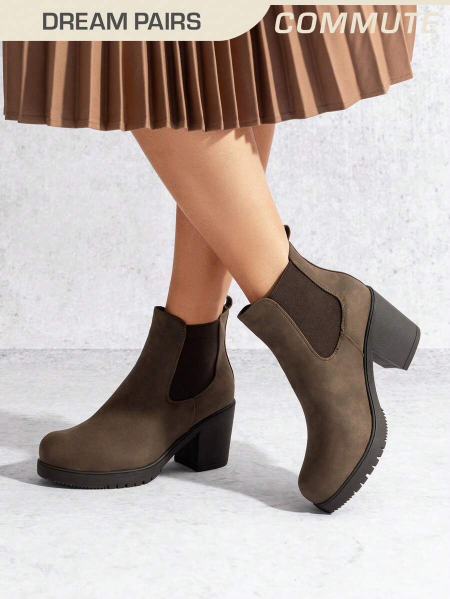 Botines de tacón alto y grueso tipo Chelsea para mujer, con elástico, para otoño