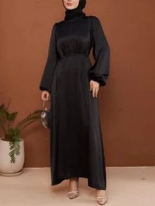Women Lantern Sleeve Round Neck Cinched Waist Slim Fit Robe, Elegant And Loose Fit With Waistband - Black - View 3