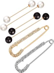 6pcs Set Of Hot-Selling Brooch Women's Waist Retraction Buckle Simple Collar Needle Faux Pearl Line Needle Diamond Pin - Multicolor - View 1