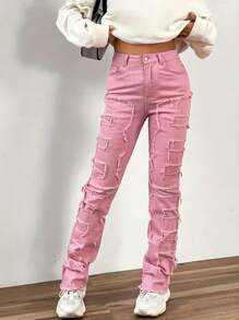 Women's Spring Autumn Denim Pants Solid Color Mid Rise Slim Fit Straight Leg Patch Jeans