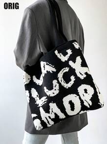 Borsa shopper di grande capacità con stampa a lettere, borsa a tracolla semplice monocromatica, borsa casual da donna, borsa a spalla, borsa perfetta per lo shopping casual, l'ufficio e il lavoro - Multicolore - Visualizzare 7